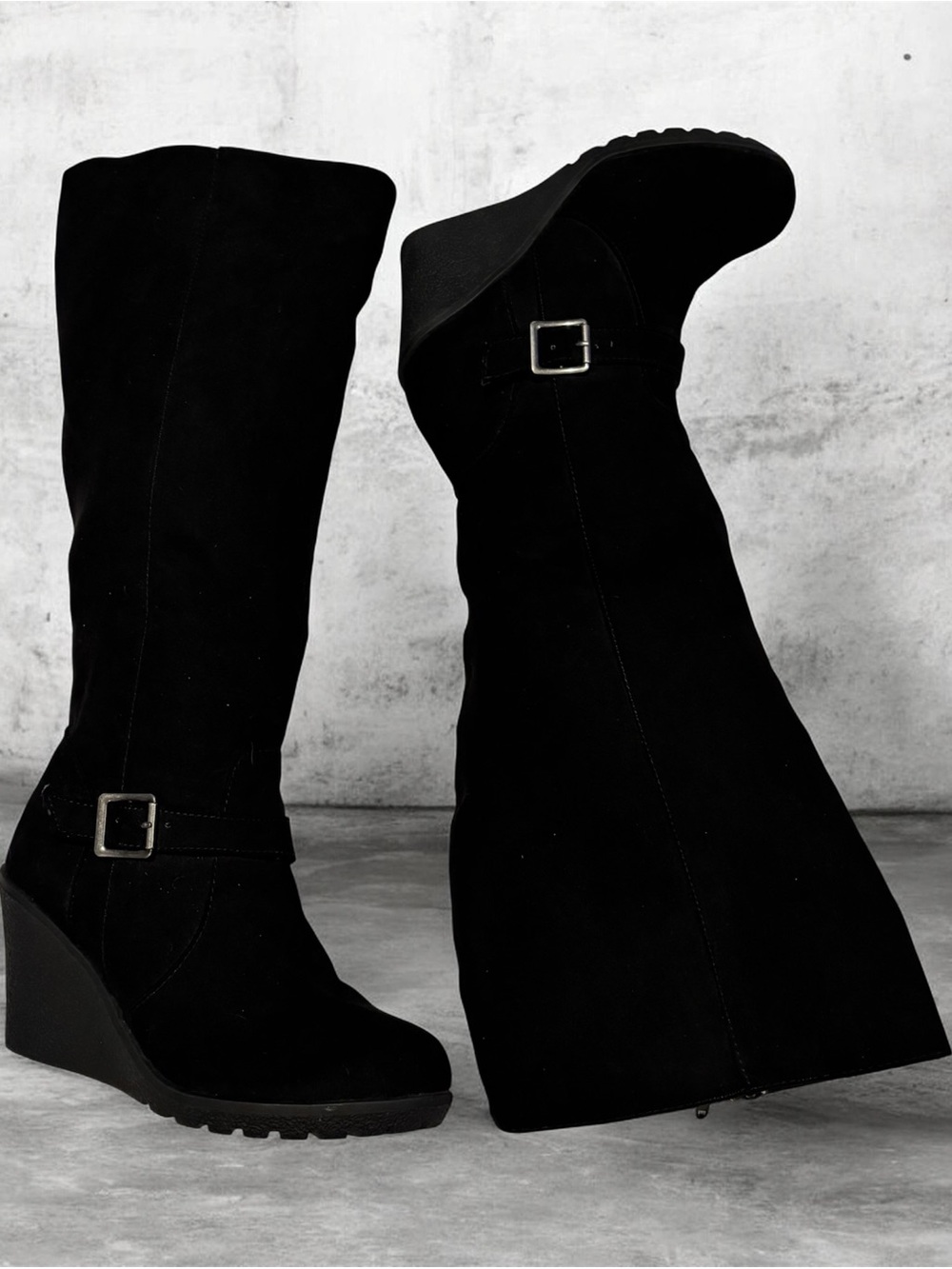 Black Knee-High Wedge Boots - Women - Picture 2 of 8